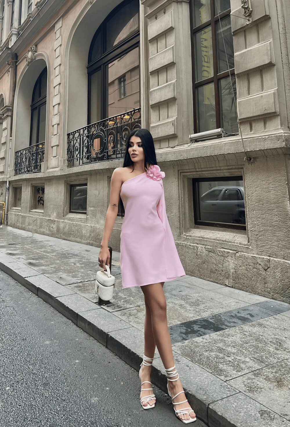 Wholesale Mini Dress with Single Sleeve and Flower Accent