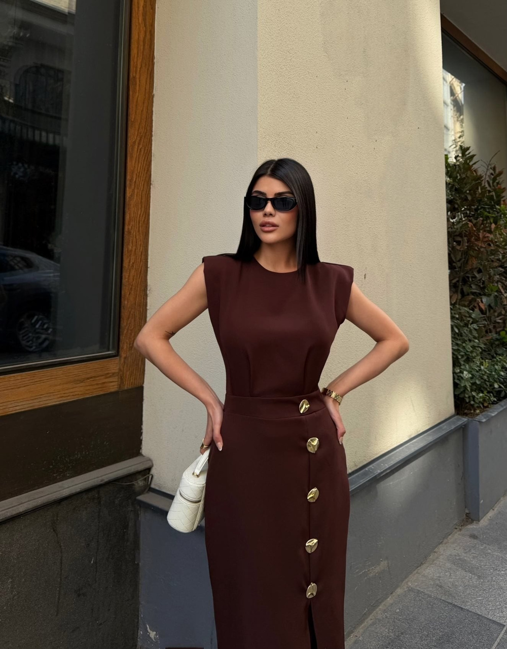 Wholesale Maxi Dress with Front Slit and Gold Buttons