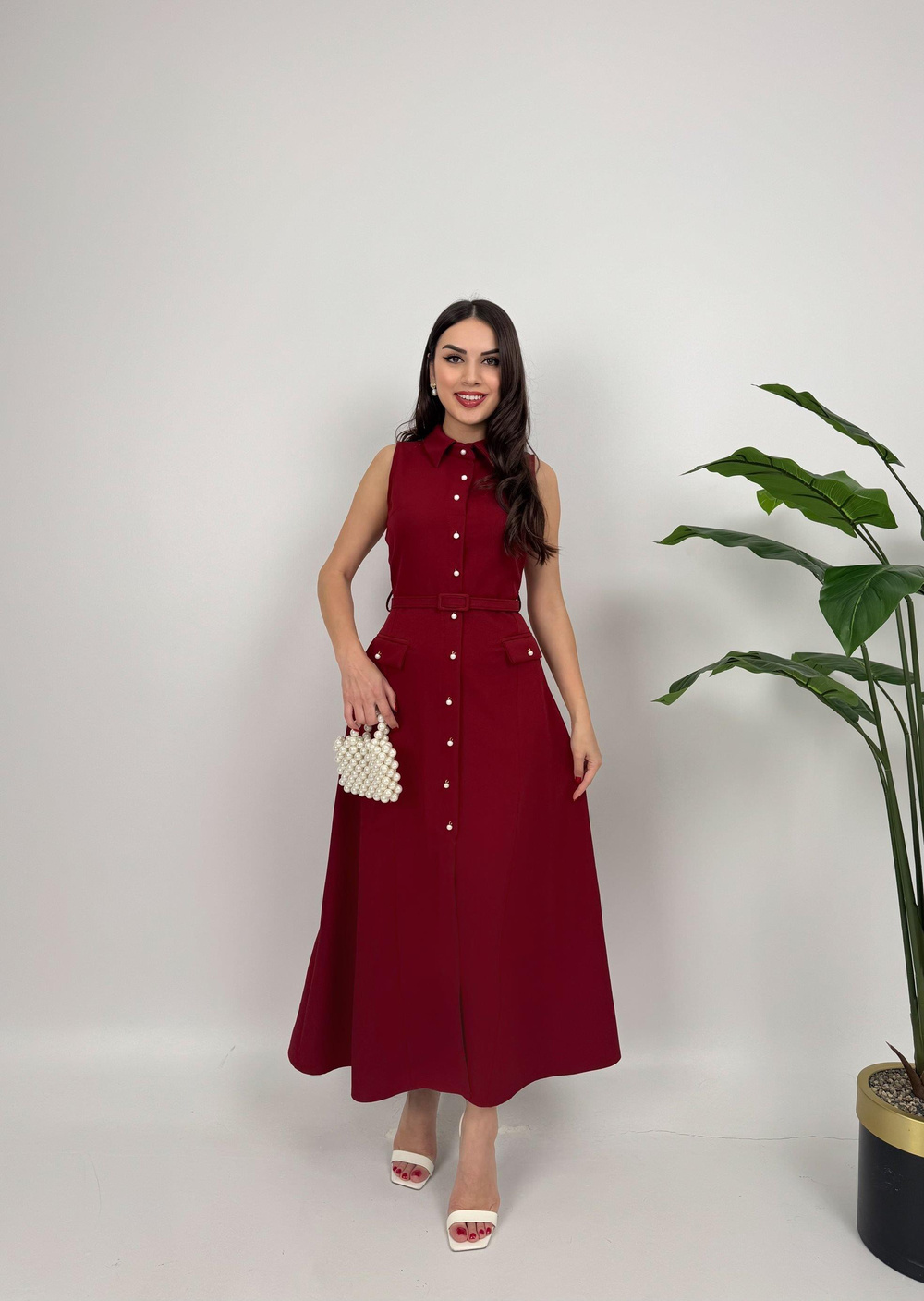 Wholesale Pearl Buttoned Belted Sleeveless Long Dress