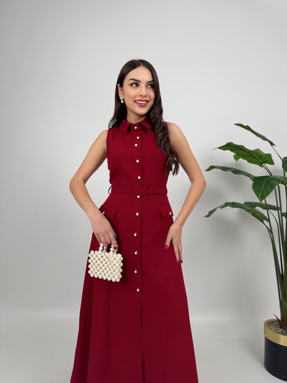 Wholesale Pearl Buttoned Belted Sleeveless Long Dress