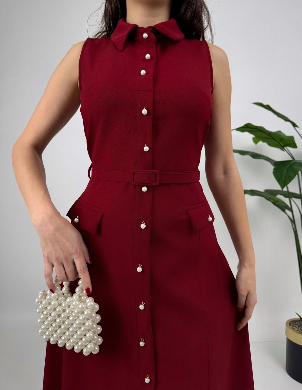 Wholesale Pearl Buttoned Belted Sleeveless Long Dress