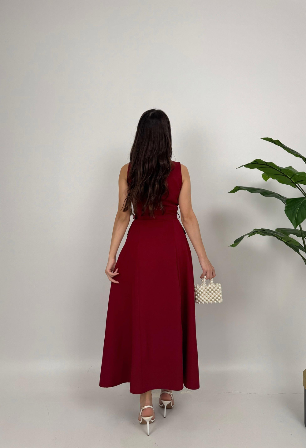 Wholesale Pearl Buttoned Belted Sleeveless Long Dress