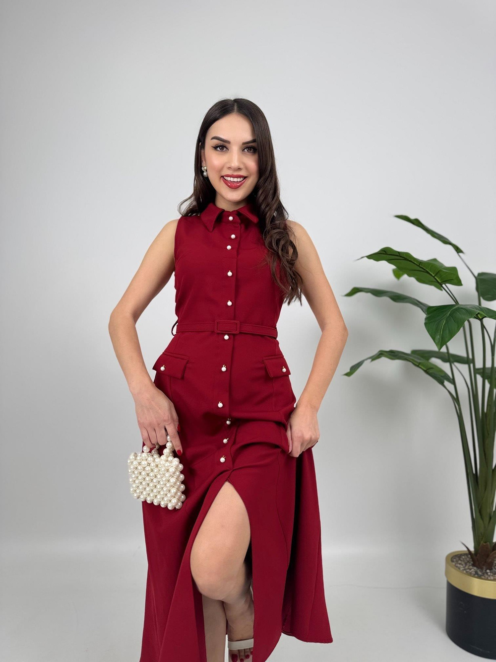 Wholesale Pearl Buttoned Belted Sleeveless Long Dress