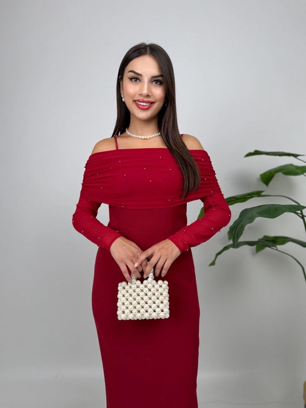 Wholesale Pearl-Embellished Midi Dress with Tulle Sleeves