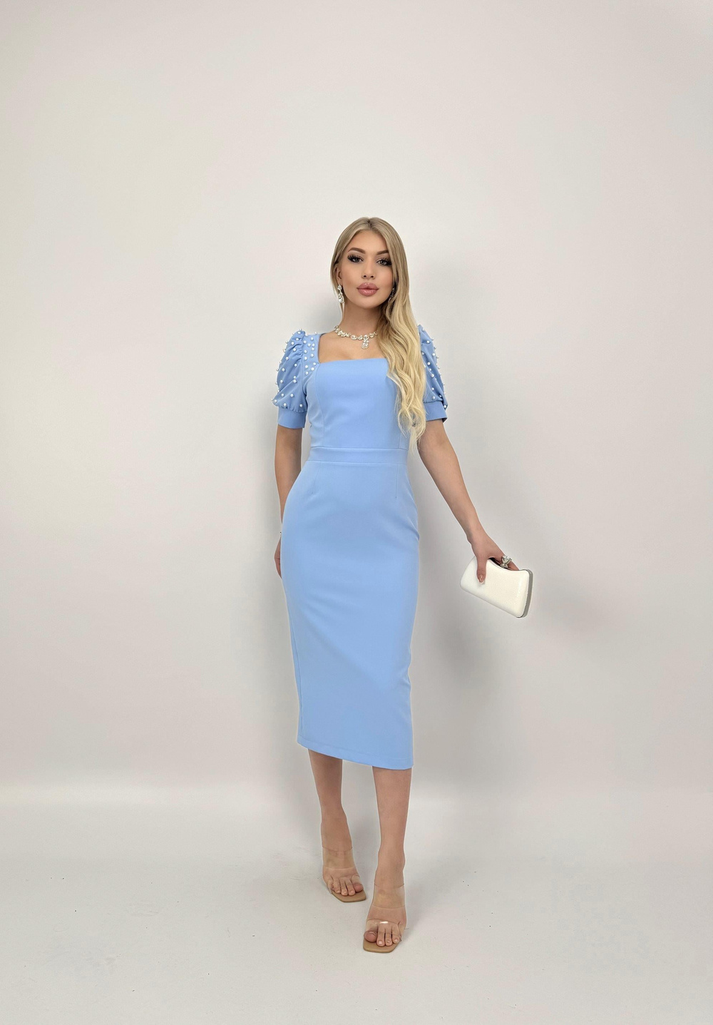 Wholesale Midi Dress with Pearl-Embellished Sleeves