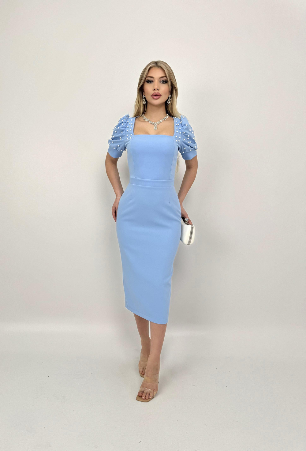 Wholesale Midi Dress with Pearl-Embellished Sleeves
