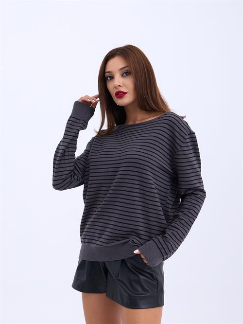Wholesale Striped Loose SWeater - Anthracite-Black