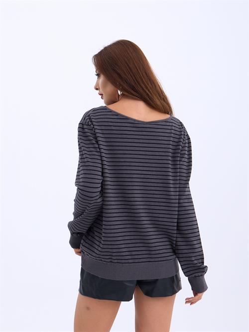 Wholesale Striped Loose SWeater - Anthracite-Black