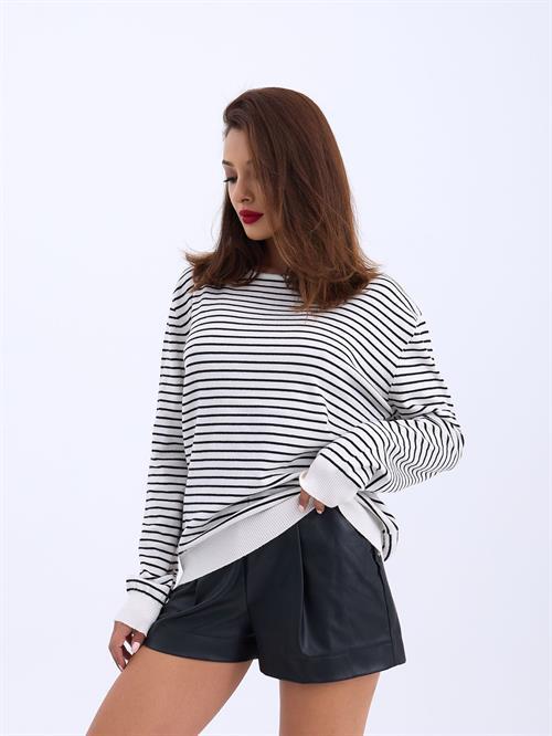 Wholesale Striped Loose SWeater - Cream-Black