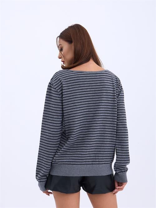 Wholesale Striped Loose SWeater - Gray-Black