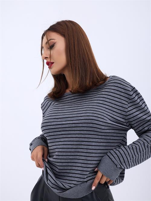 Wholesale Striped Loose SWeater - Gray-Black