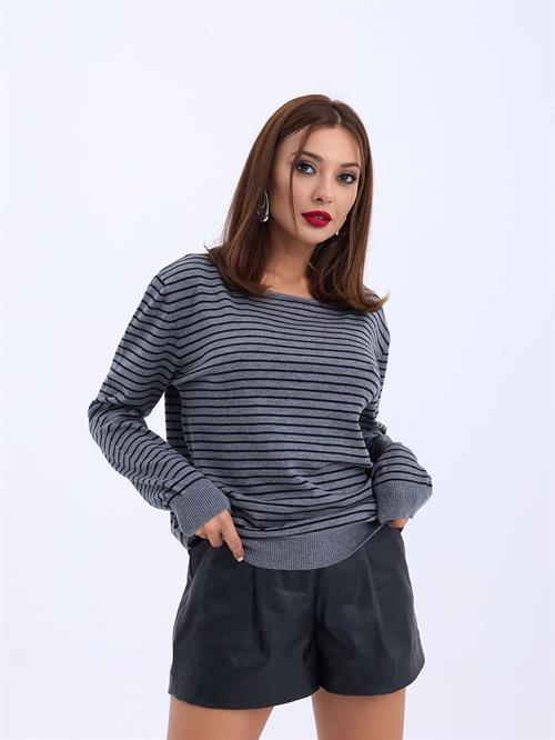 Wholesale Striped Loose SWeater - Gray-Black