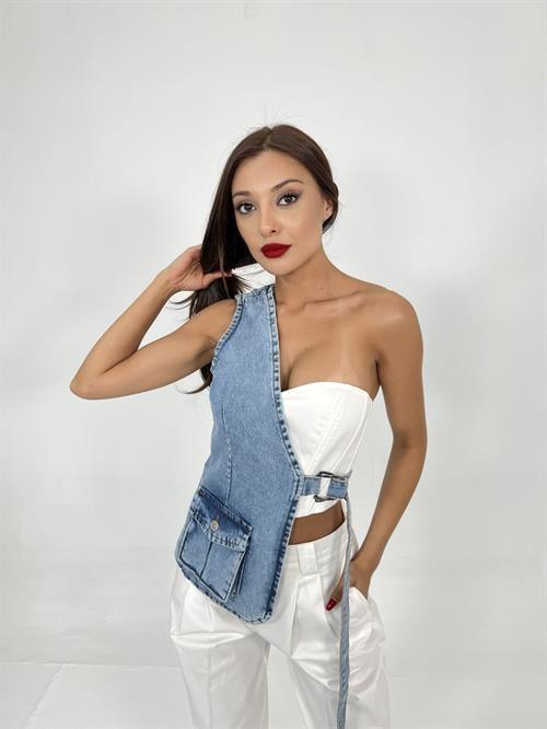 Wholesale Asymmetric Denim Vest-Blue