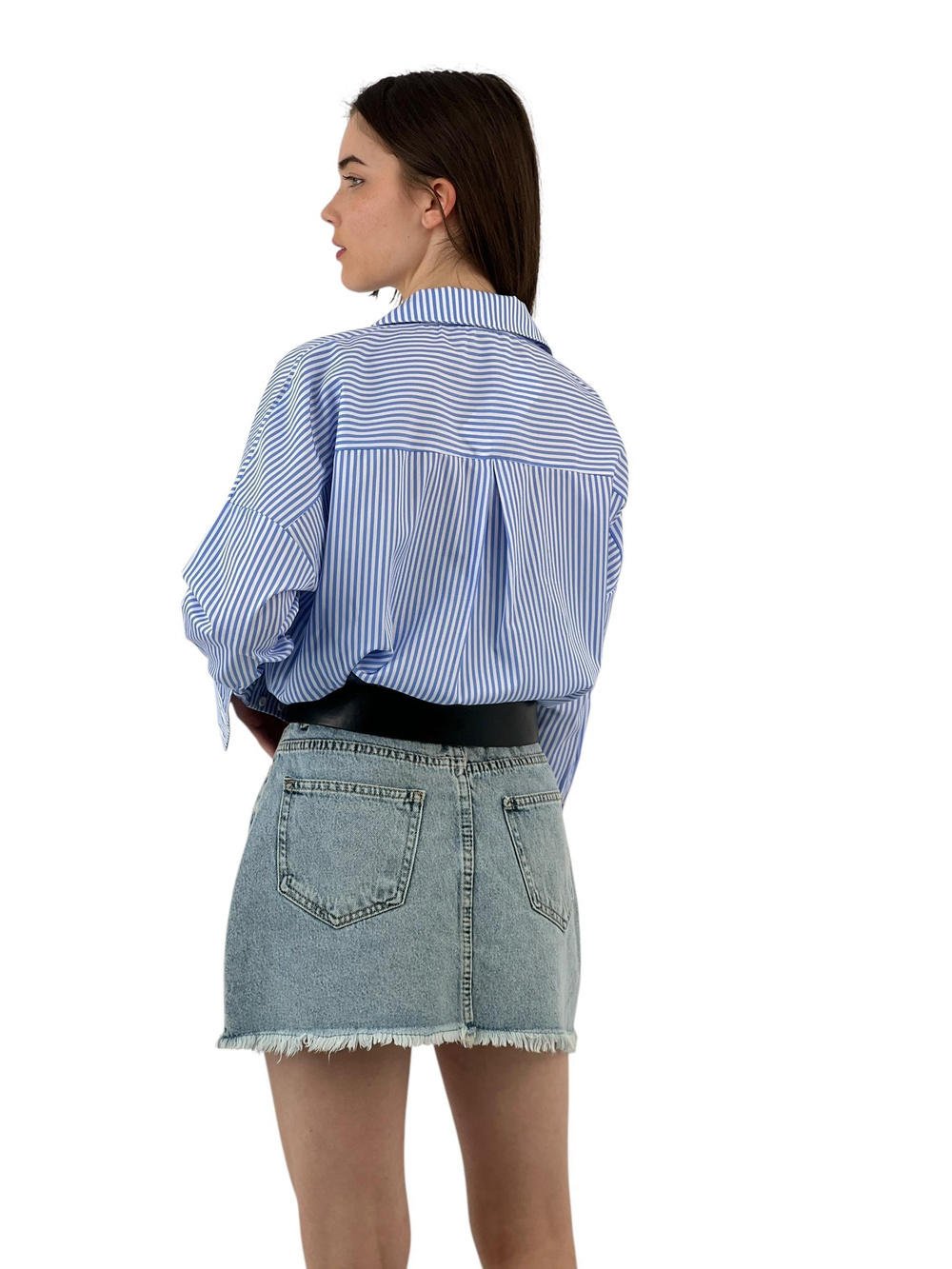 Blue Striped Oversize Shirt - With Embroidery Detail