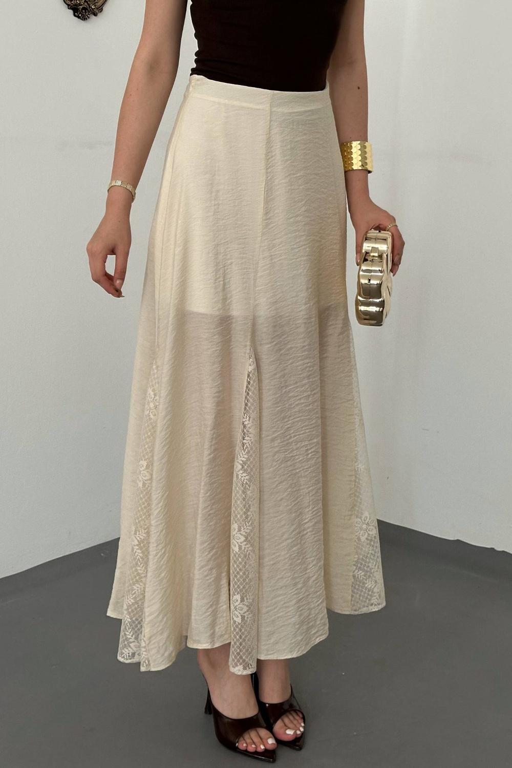 Wholesale Beige Crinkled Maxi Skirt with Lace Panels