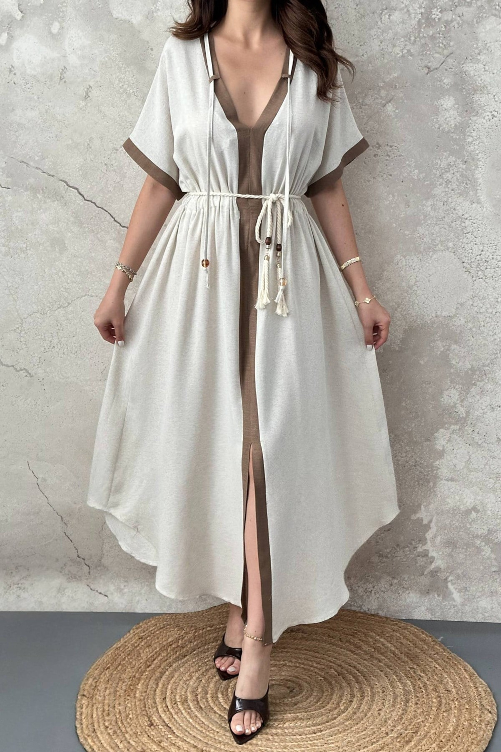 Wholesale Beige Contrast Trimmed Linen Dress