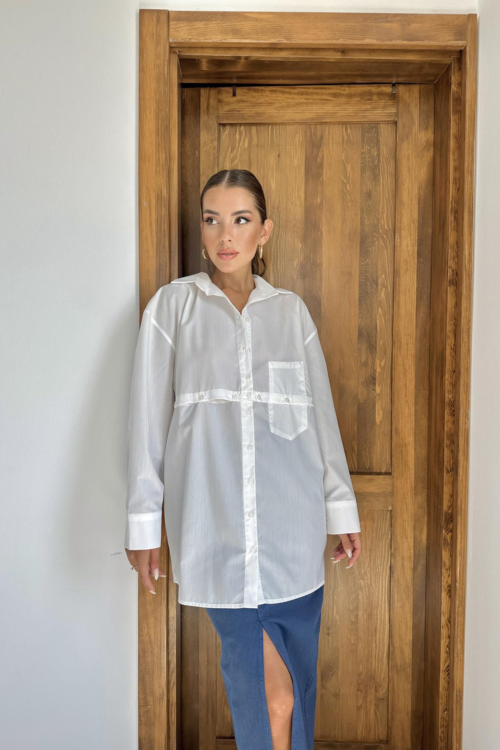 Toptan Beyaz Beli Ayrılabilen Poplin Gömlek