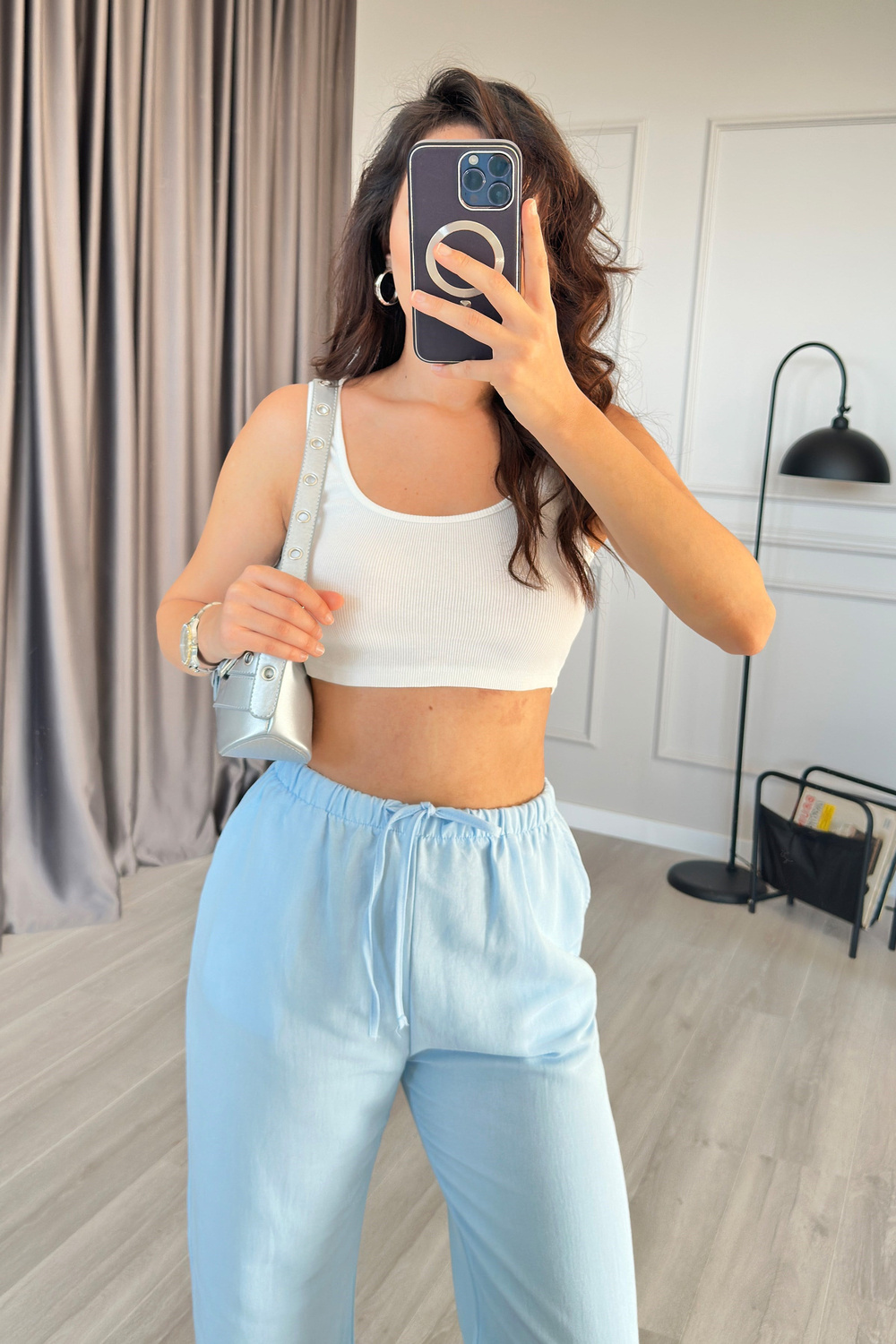 Beli Bağcık Bağlamalı Bebe Mavisi Keten Toptan Pantolon