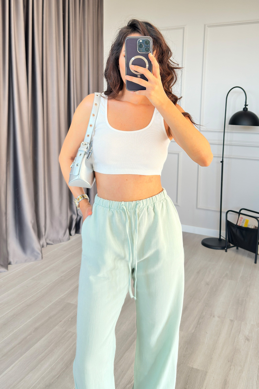 Beli Bağcık Bağlamalı Mint Keten Toptan Pantolon