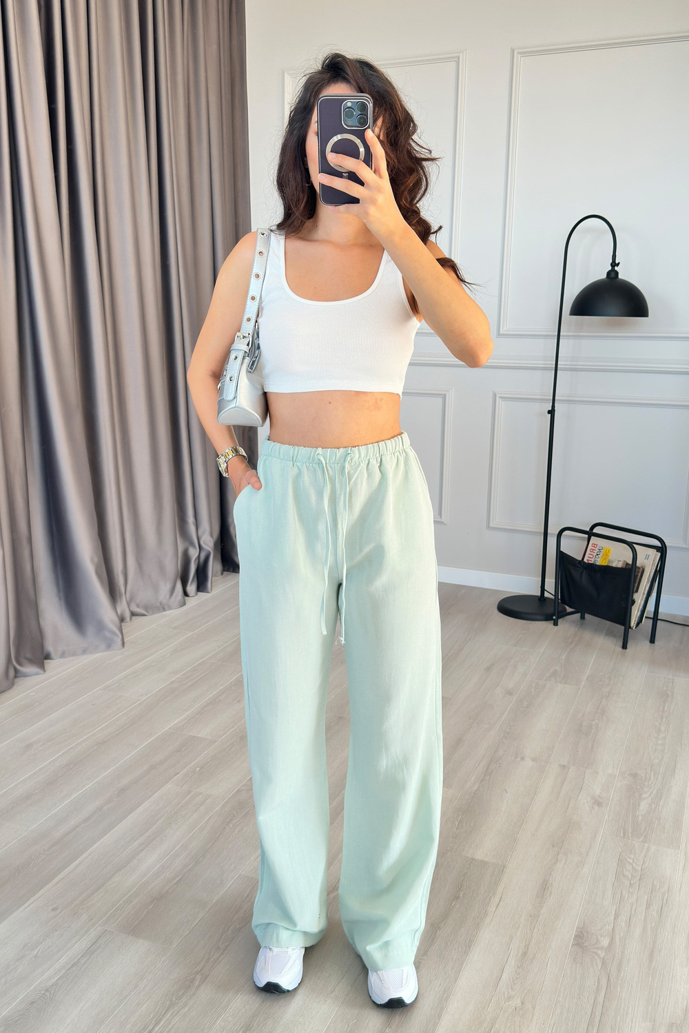 Beli Bağcık Bağlamalı Mint Keten Toptan Pantolon