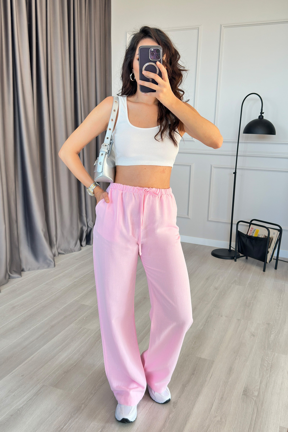 Beli Bağcık Bağlamalı Pembe Keten Toptan Pantolon