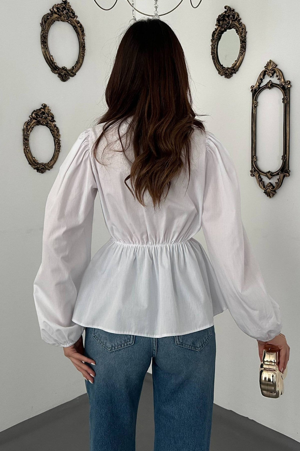 Wholesale White Blouse with Elastic Waist and Balloon Sleeves