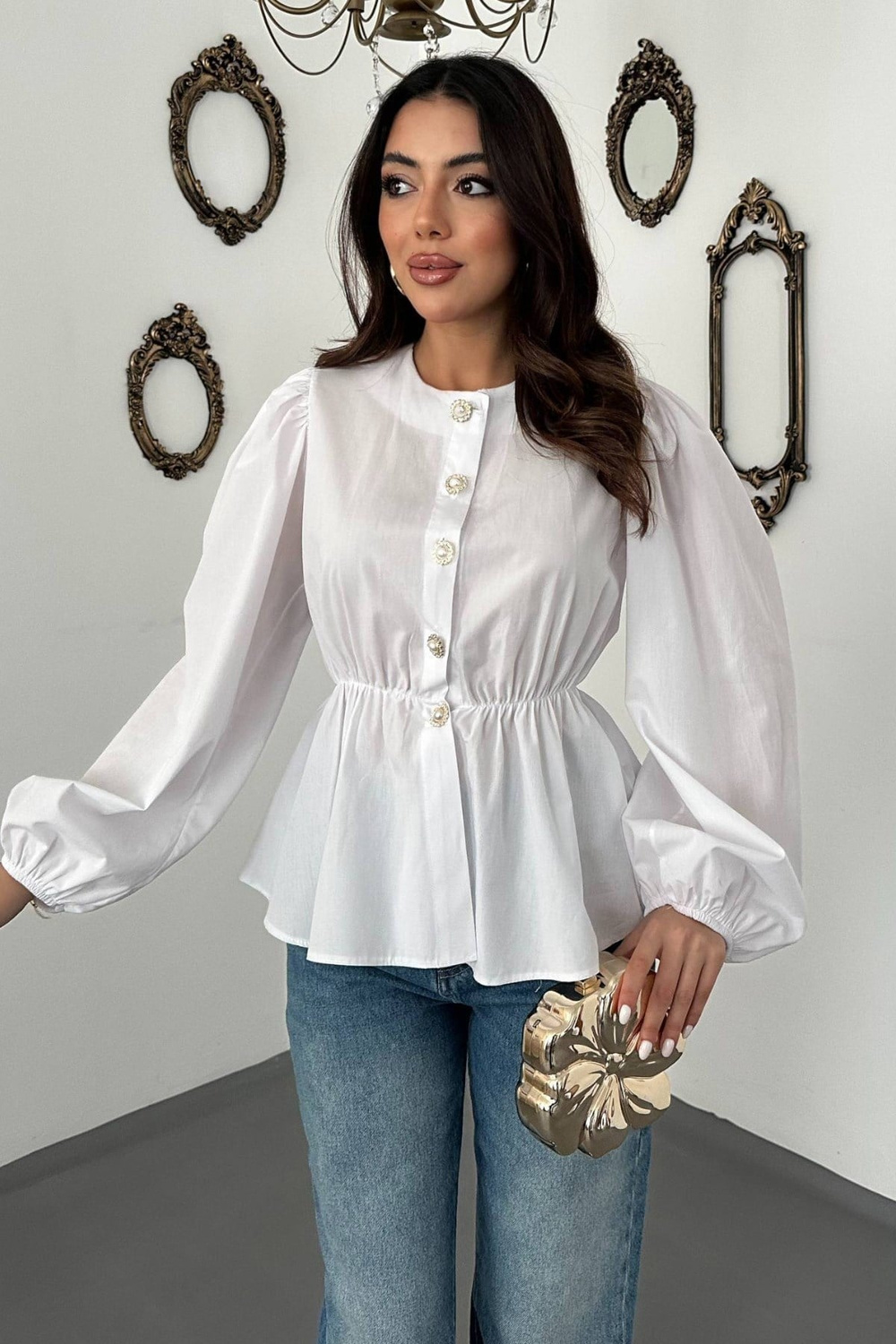 Wholesale White Blouse with Elastic Waist and Balloon Sleeves