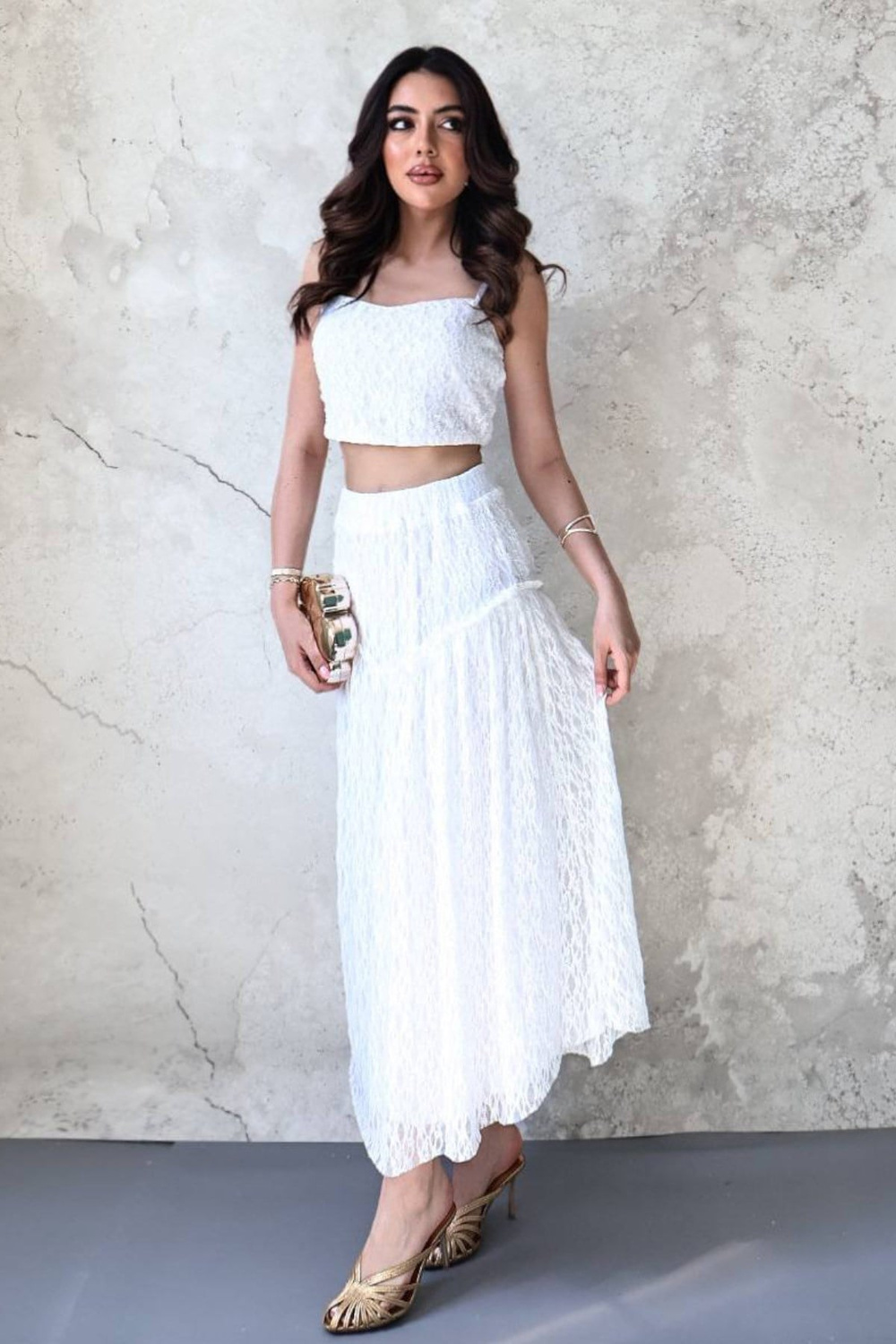 Wholesale White Lace Cami Top and Ruffled Skirt Set