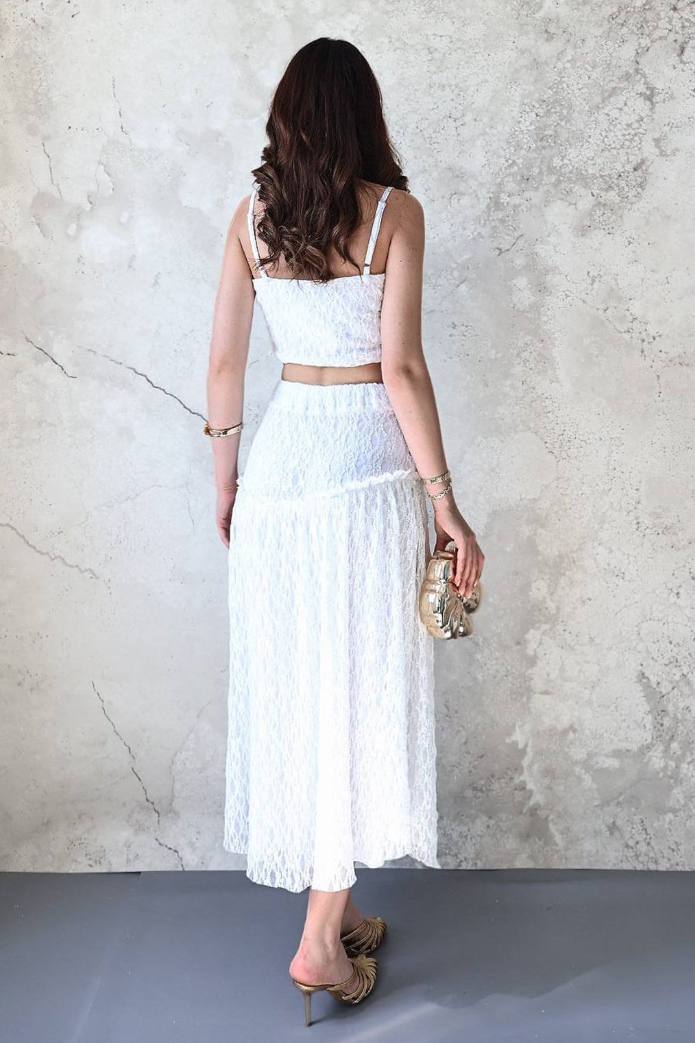 Wholesale White Lace Cami Top and Ruffled Skirt Set