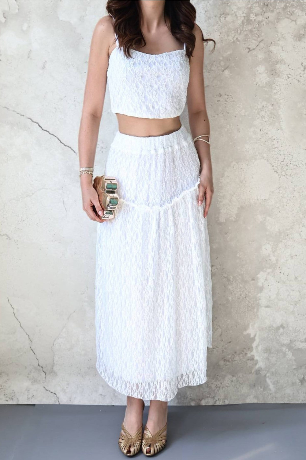 Wholesale White Lace Cami Top and Ruffled Skirt Set
