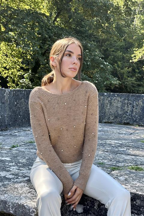 Wholesale Beaded Knitwear Sweater - Camel