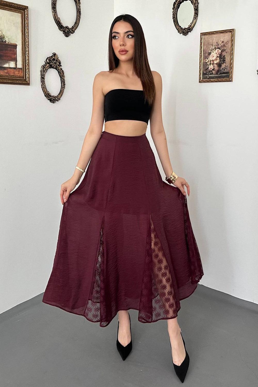Wholesale Burgundy Crinkled Maxi Skirt with Lace Panels