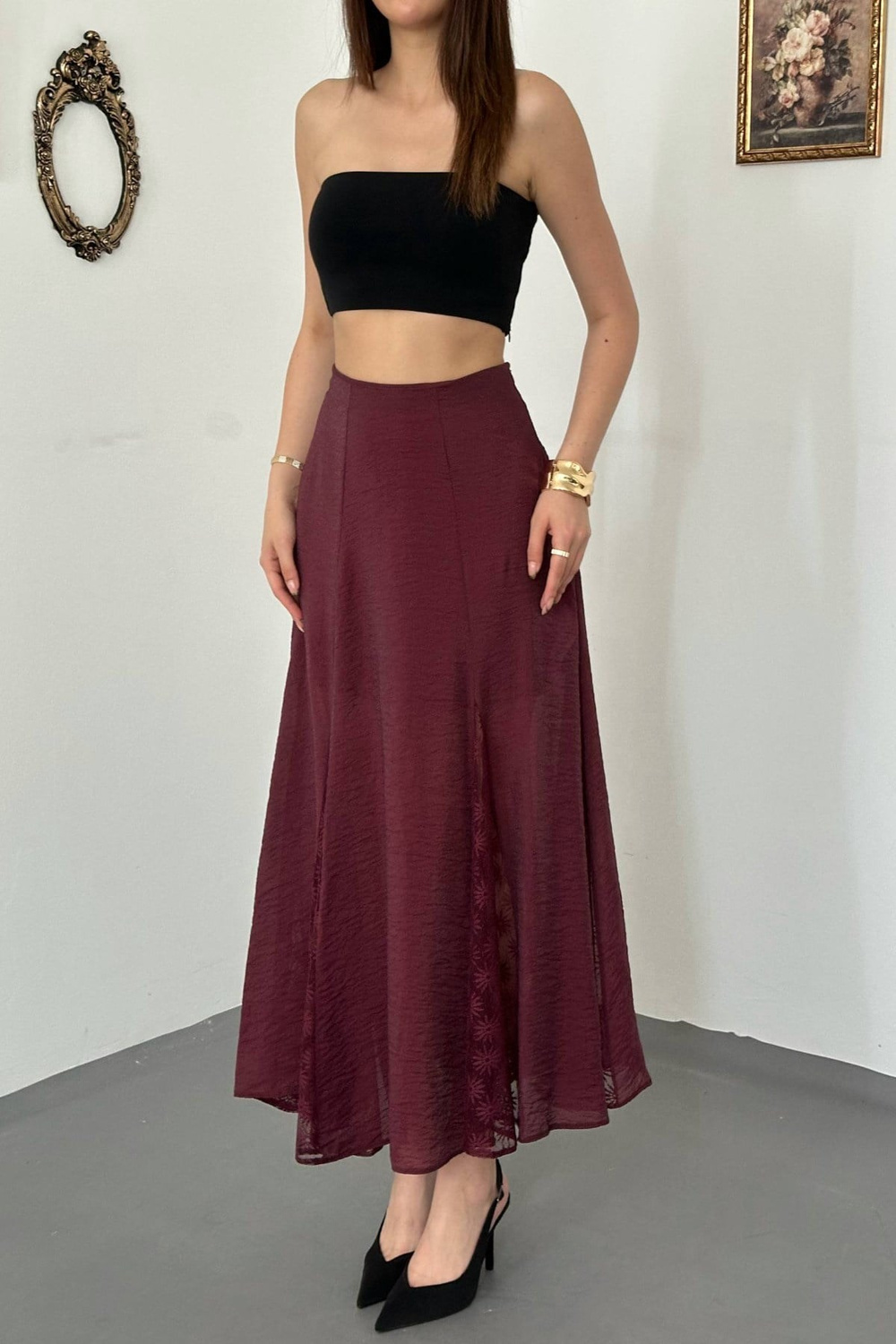 Wholesale Burgundy Crinkled Maxi Skirt with Lace Panels