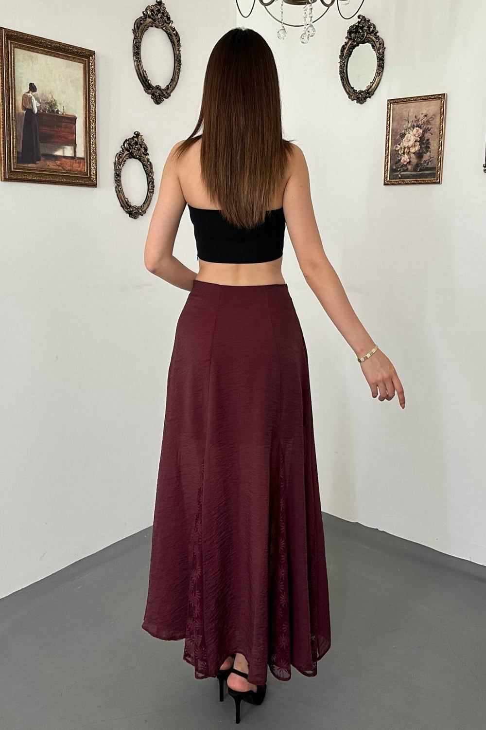 Wholesale Burgundy Crinkled Maxi Skirt with Lace Panels