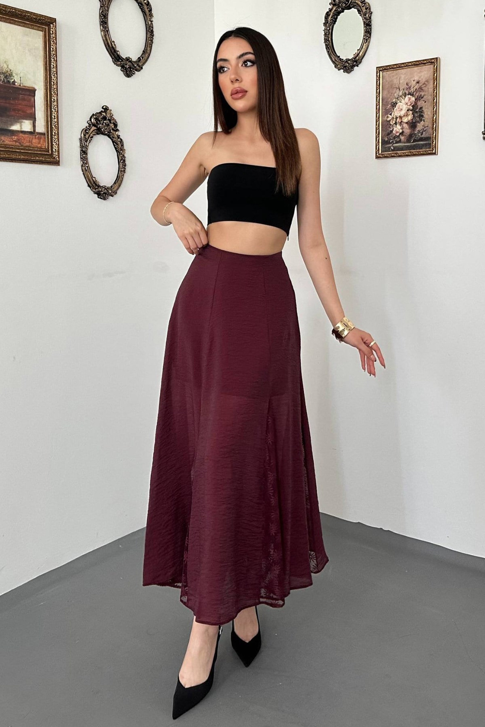 Wholesale Burgundy Crinkled Maxi Skirt with Lace Panels