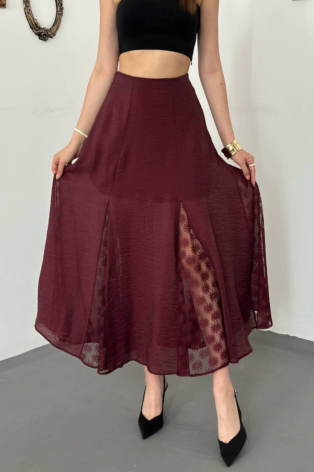 Wholesale Burgundy Crinkled Maxi Skirt with Lace Panels
