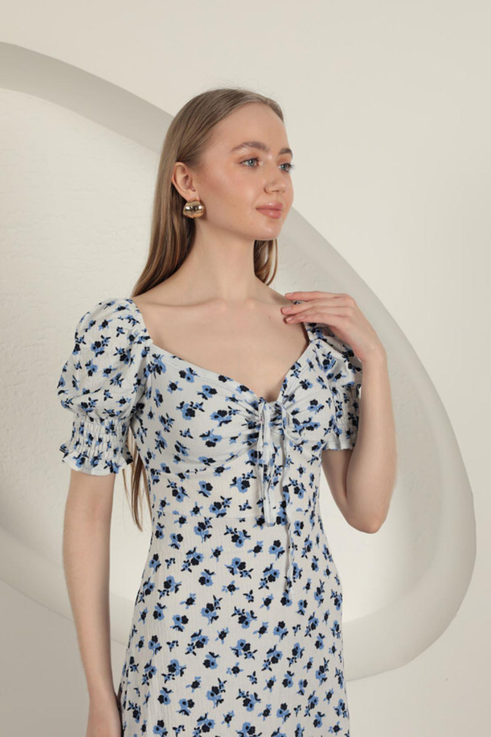 Blouse Crisp Flower Pattern Dress-Sax