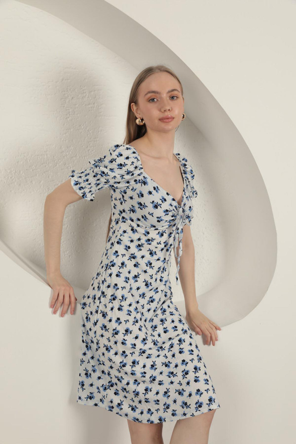 Blouse Crisp Flower Pattern Dress-Sax