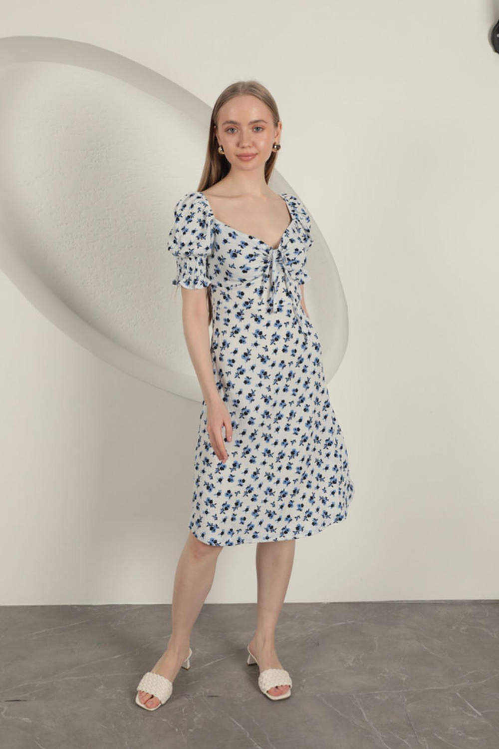 Blouse Crisp Flower Pattern Dress-Sax