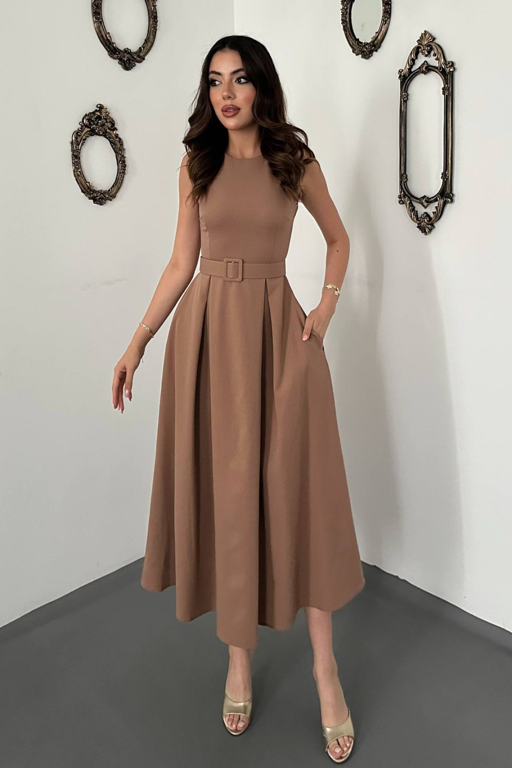 Wholesale Camel Flared Dress with Matching Belt