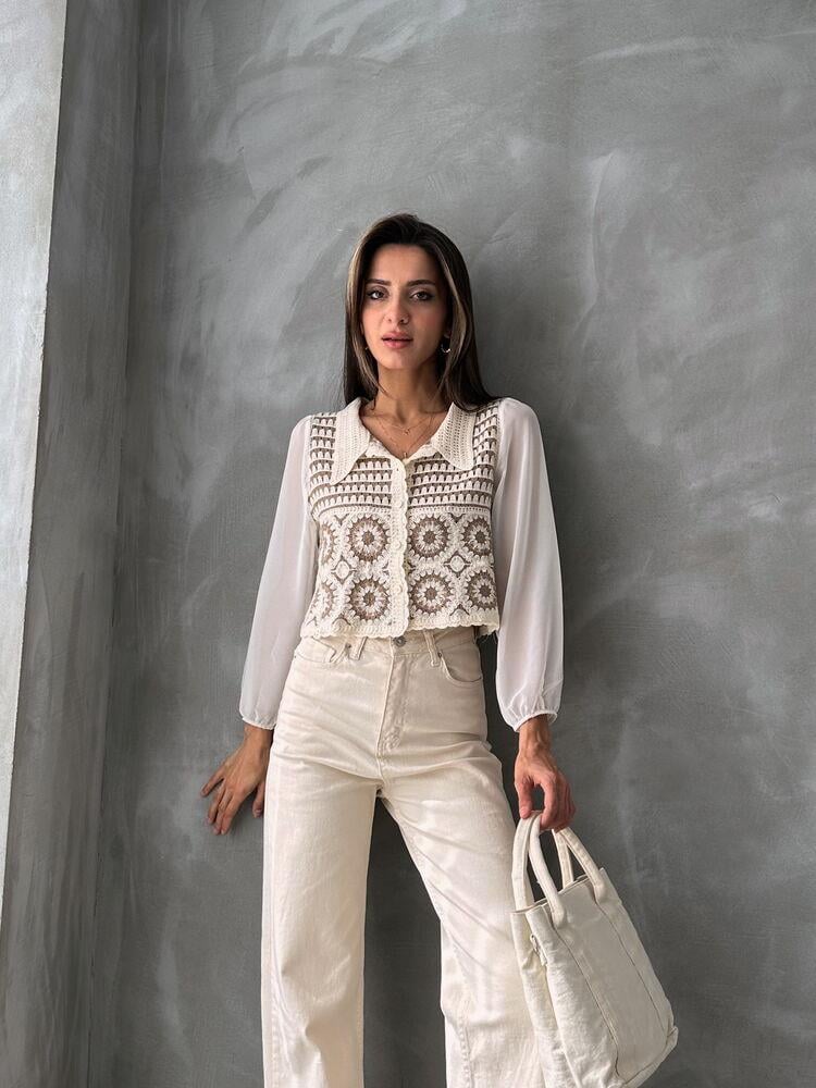 Çiçek Desenli Kısa Toptan Hırka | F0025 - Taş Kahve