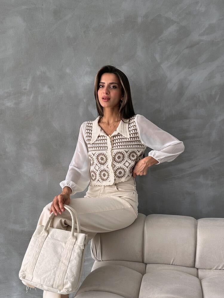 Çiçek Desenli Kısa Toptan Hırka | F0025 - Taş Kahve