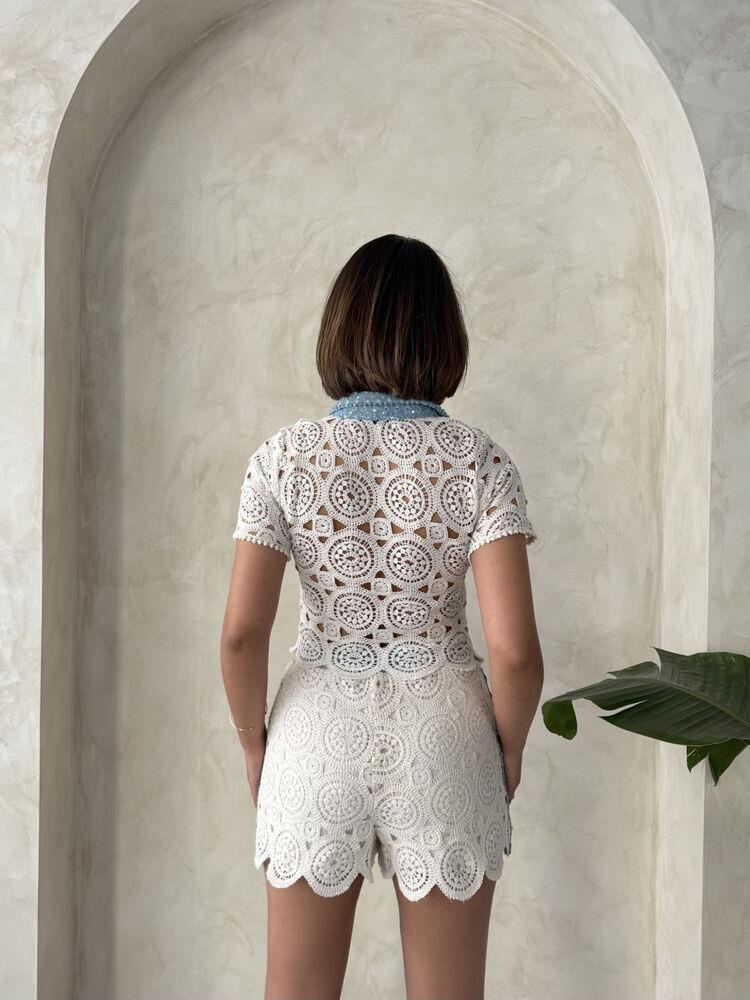 Lace Shirt with Denim Detail - Raw