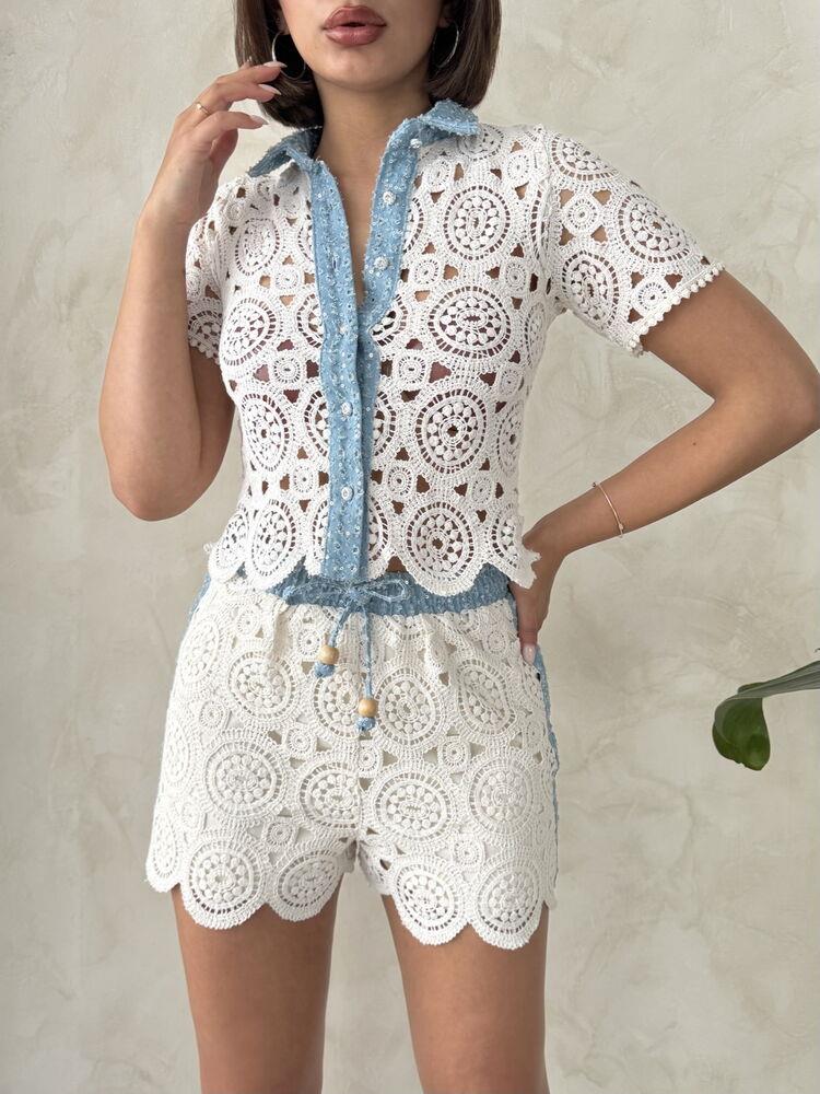 Lace Shirt with Denim Detail - Raw