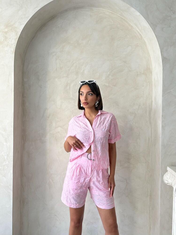 Embroidered Voile Shorts - Pink