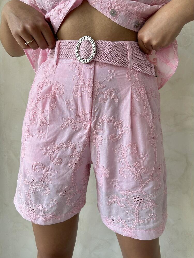 Embroidered Voile Shorts - Pink