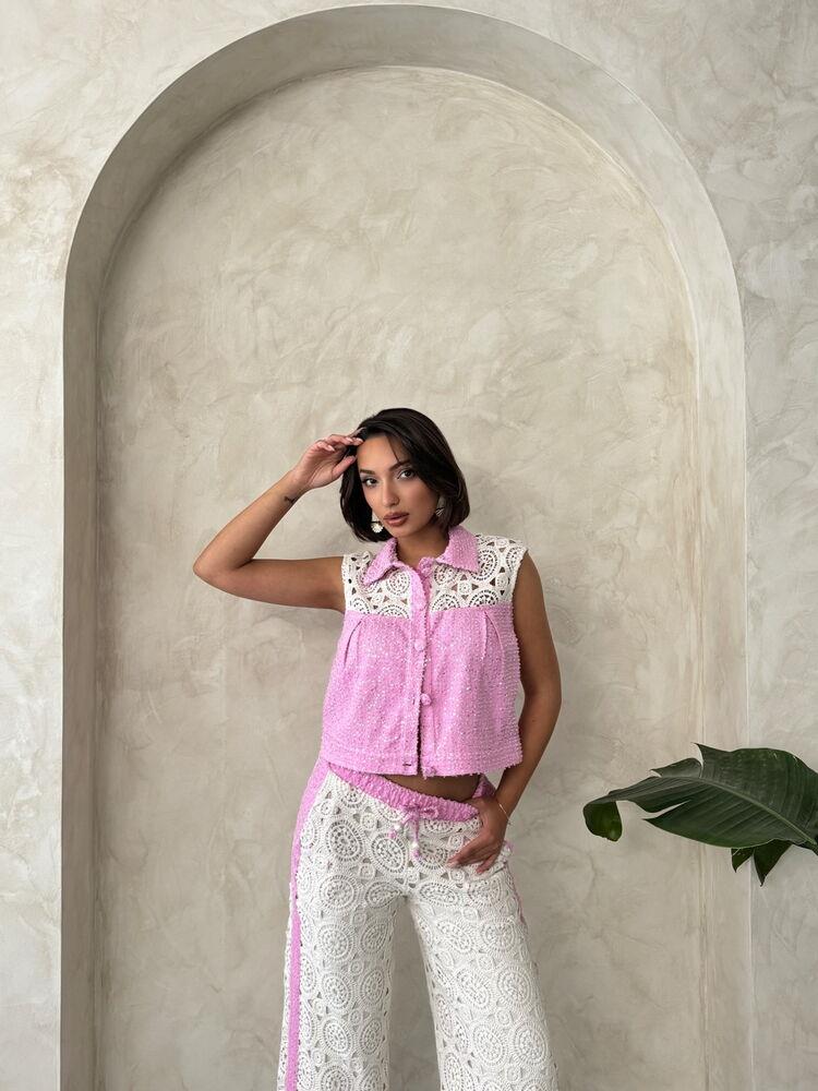 D 2845 Dantel Detaylı Pullu Kot Ceket - Pembe