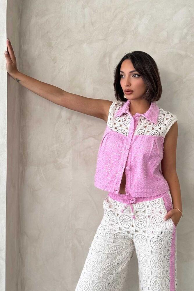 D 2845 Dantel Detaylı Pullu Kot Ceket - Pembe