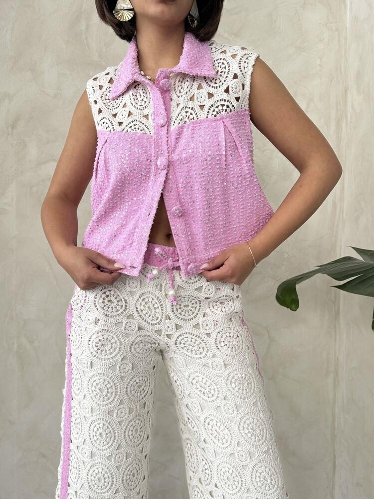 D 2845 Dantel Detaylı Pullu Kot Ceket - Pembe