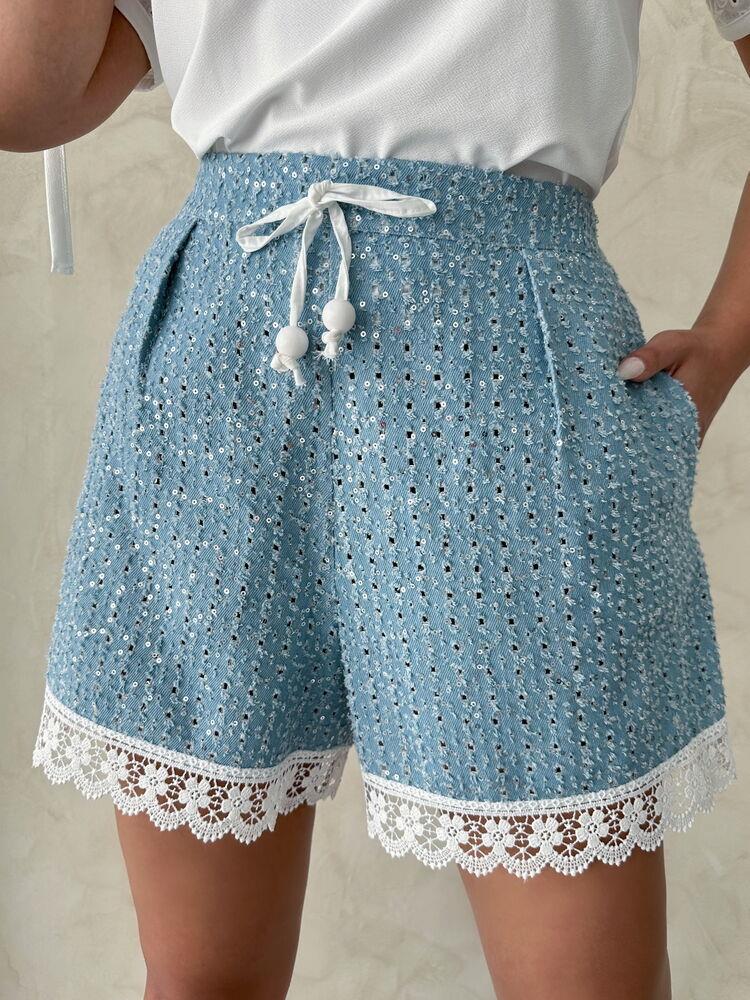 Sequin Denim Shorts with Guipure Detail - Blue